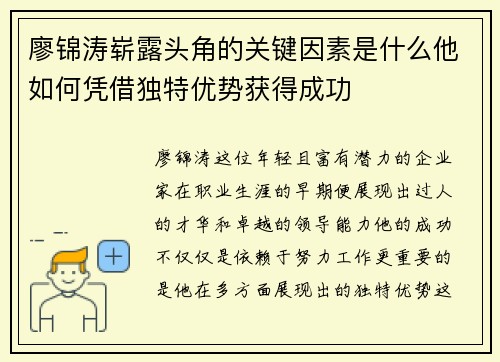 廖锦涛崭露头角的关键因素是什么他如何凭借独特优势获得成功