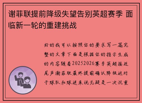 谢菲联提前降级失望告别英超赛季 面临新一轮的重建挑战 谢菲联提前降级失望告别英超赛季 面临新一轮的重建挑战