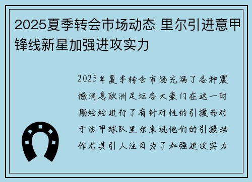 2025夏季转会市场动态 里尔引进意甲锋线新星加强进攻实力 2025夏季转会市场动态 里尔引进意甲锋线新星加强进攻实力